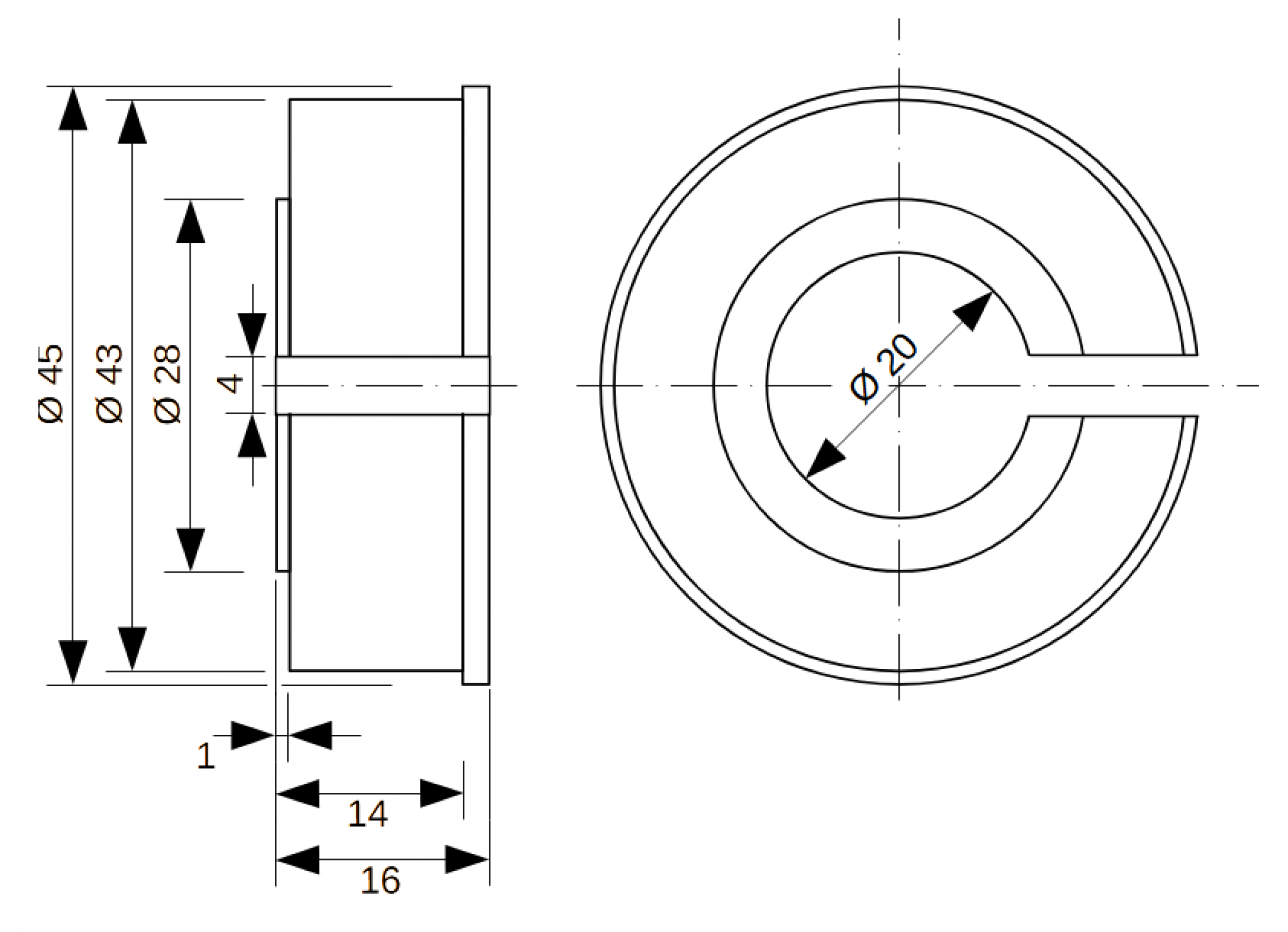 Einspann-Adapter flach von 43 mm auf 20 mm