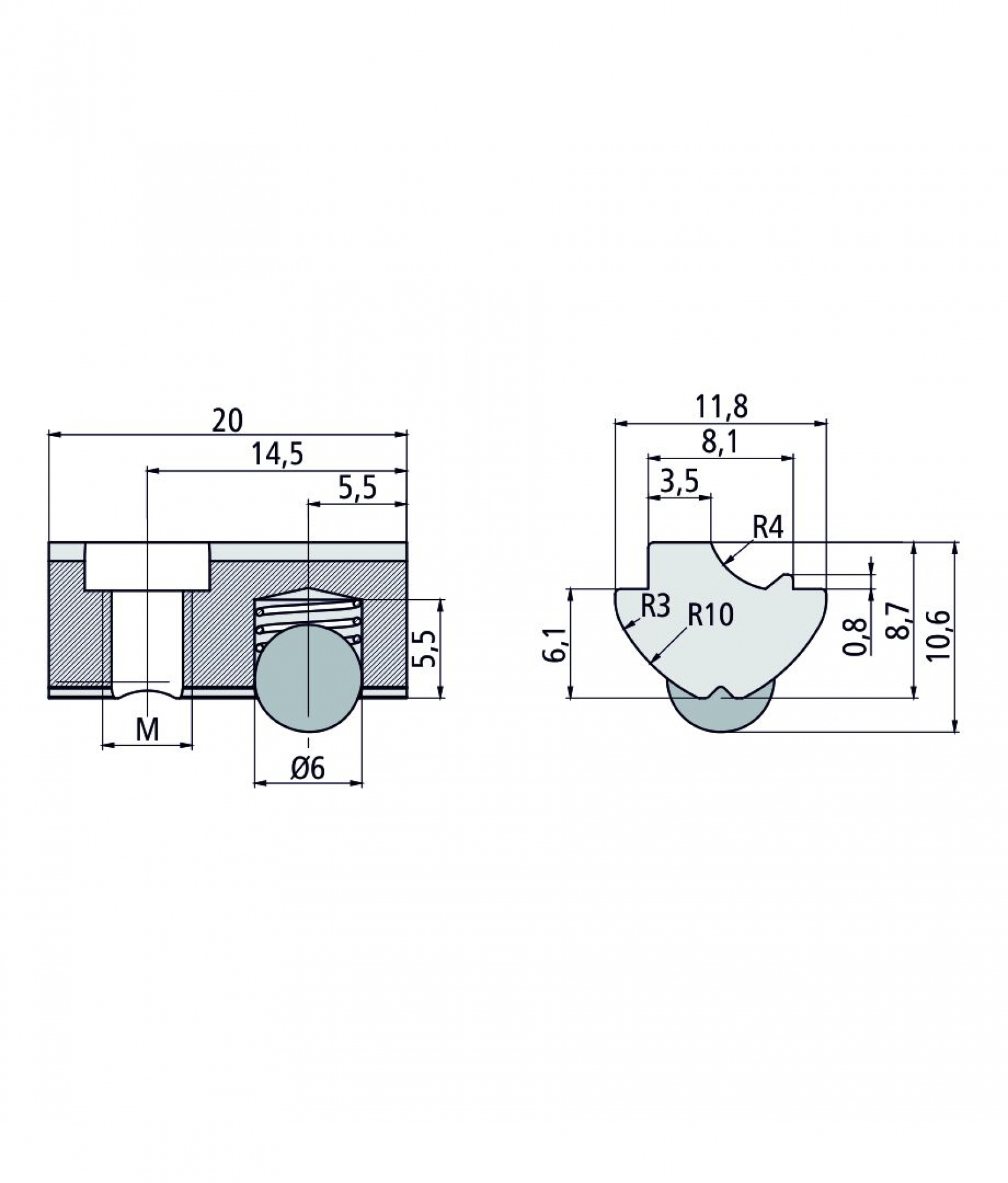 T-Slot Nut M6 with spring loaded ball