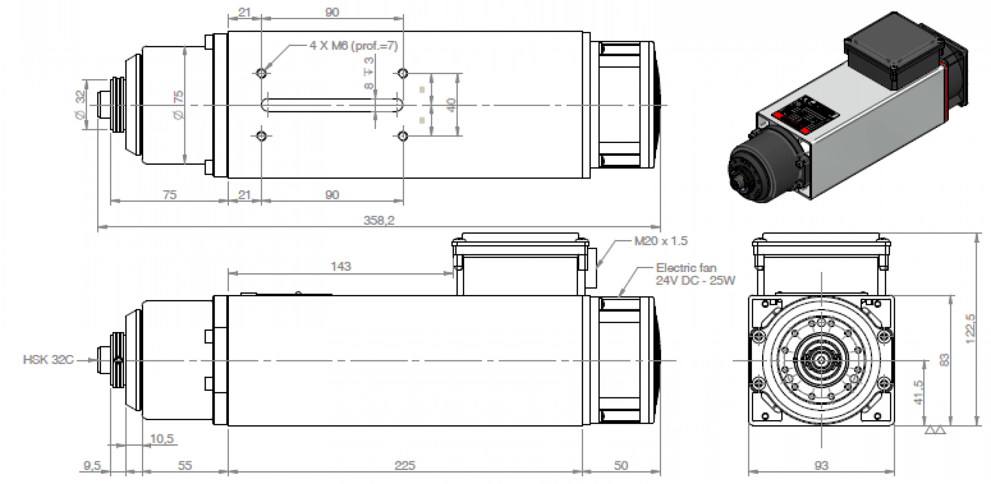 HF-Spindle Teknomotor 2 kW | HSK 32 | 24,000 rpm| 230 V / 400 V | COM41470585